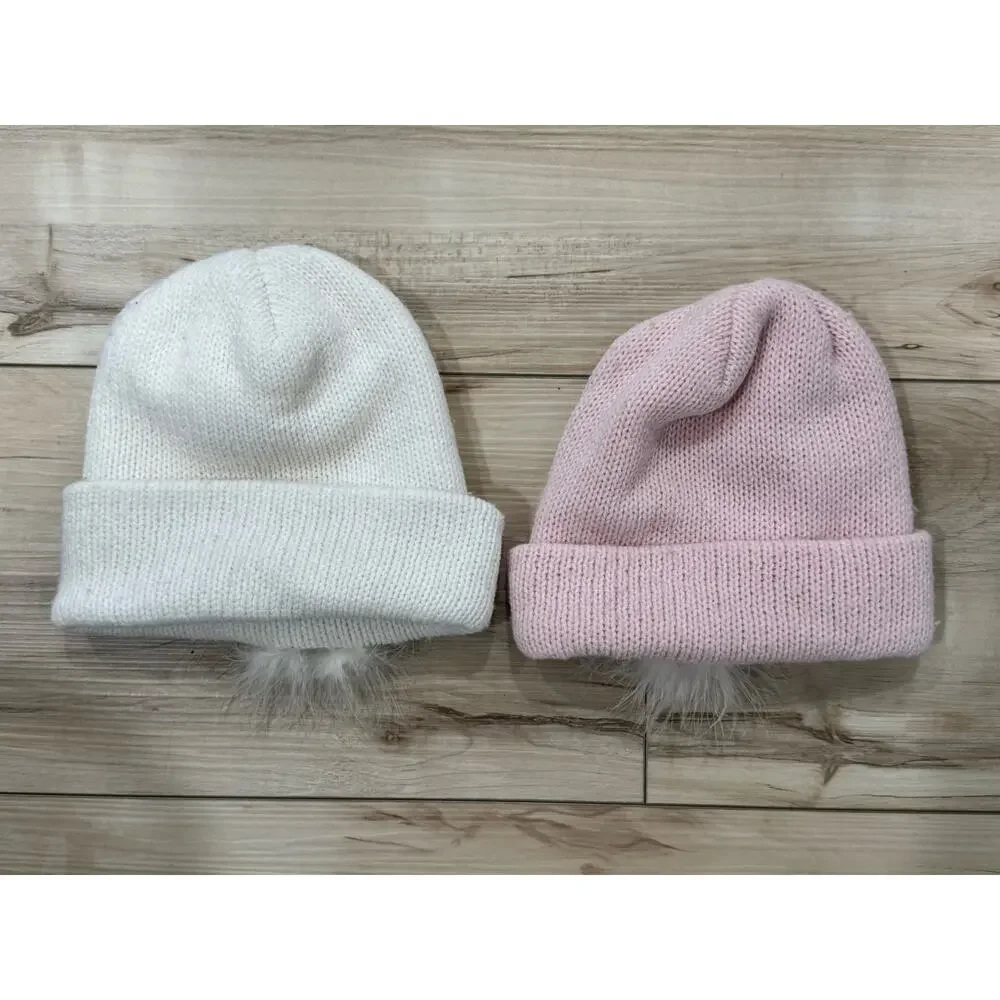 Vintage 90s Girls Kids Winter Knit Hats Marabou Flower So Cute! Pink White